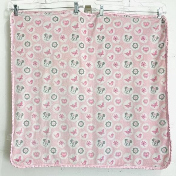 Disney Baby Minnie Mouse Pink Sherpa Style Blanket Bird Butterfly Flower Heart - Picture 3 of 9